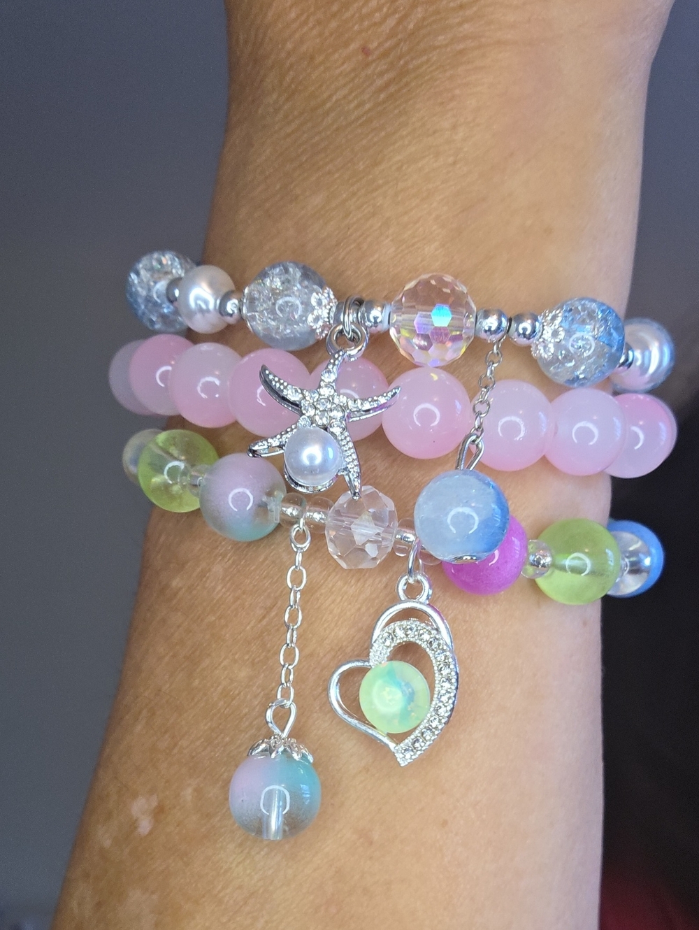 Glass Beaded Multicolor Charm Bracelet Stack with Pink Accents